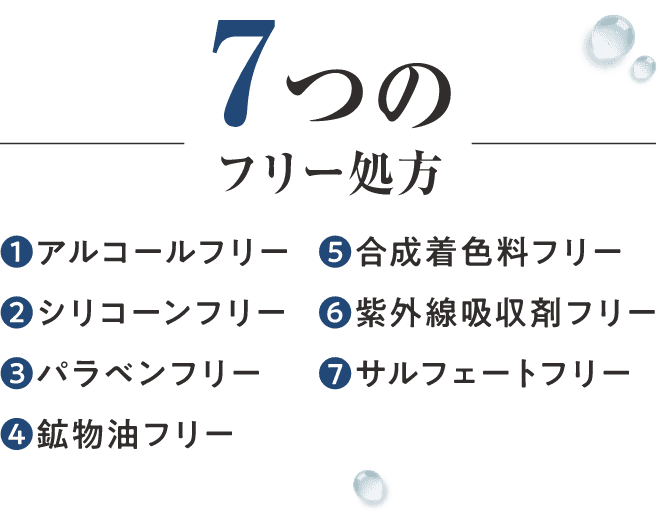 7つのフリー処方 ①アルコールフリー、②シリコーンフリー、③パラベンフリー、④鉱物油フリー、⑤合成着色料フリー、⑥紫外線吸収剤フリー、⑦サルフェートフリー