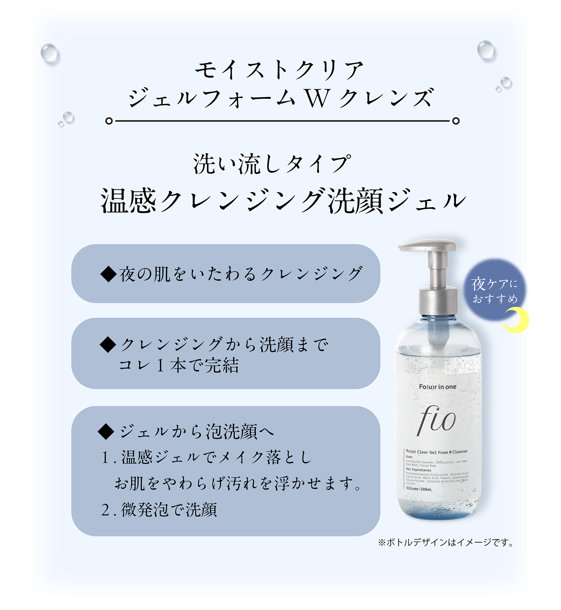 モイストクリアジェルフォームWクレンズ  洗い流しタイプ 温感クレンジング洗顔ジェル ◆夜の肌をいたわるクレンジング ◆クレンジングから洗顔までコレ１本で完結  
◆ジェルから泡洗顔へ １.温感ジェルでメイク落としお肌をやわらげ汚れを浮かせます。２.微発泡で洗顔