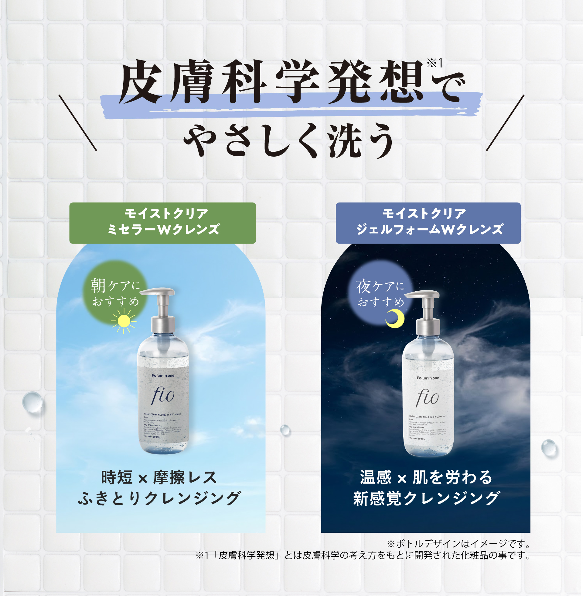 皮膚科学発想でやさしく洗う。 モイストクリアミセラーWクレンズ 時短×摩擦レス ふきとりクレンジング / モイストクリアジェルフォームWクレンズ 温感×肌を労わる 新感覚クレンジング